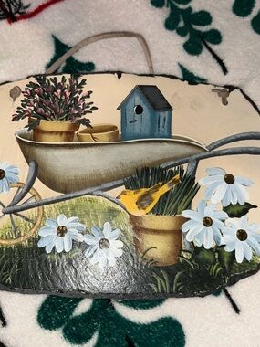 Hand-Painted Garden Plaque with Yellow Bird and Blue Birdhouse on slate 8x12